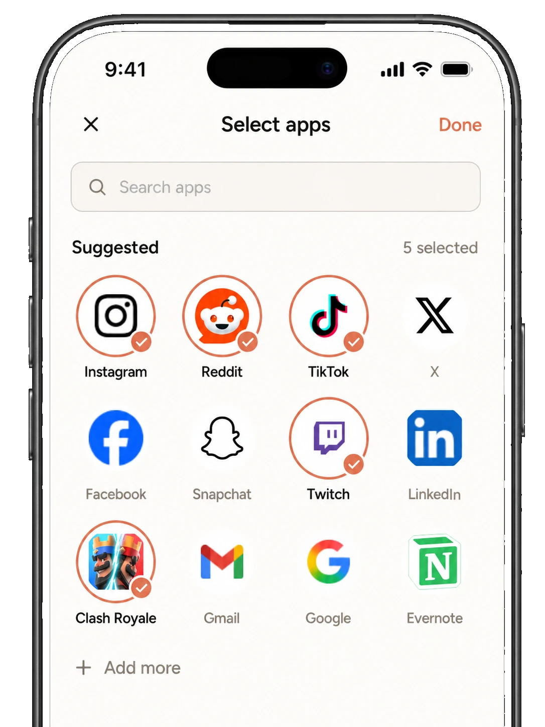 WeLockIn select-apps screen